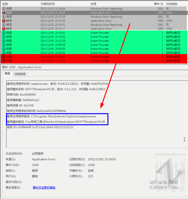 事件查看器中的 IEAnylize 錯誤信息